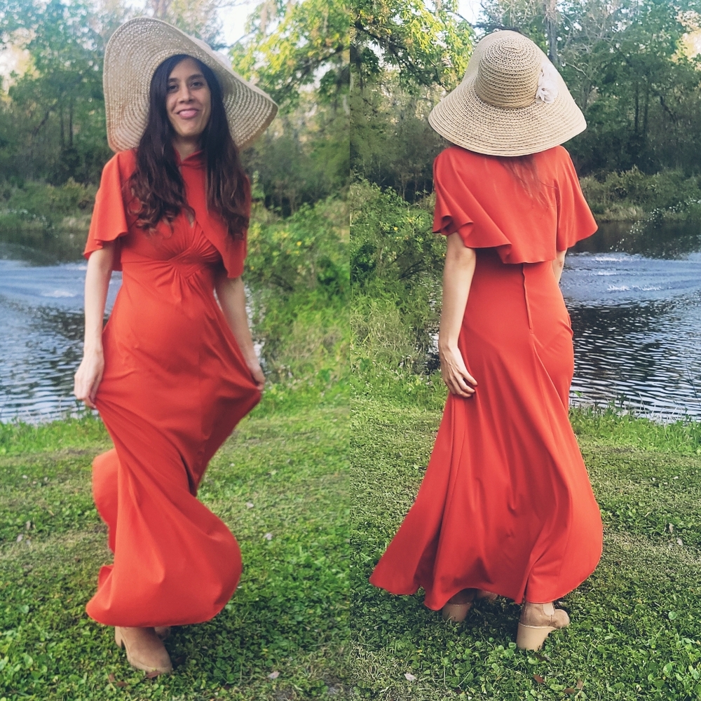 * Vintage 1970s Orange Cape Dress *